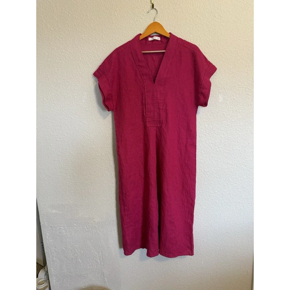 Mango MNG 100% Linen Dress MIDI Fuchsia Pink Sz Small Coastal Shift Casual
